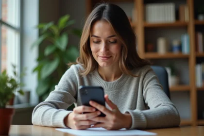 Femme consultant discrètement un profil sur les réseaux sociaux depuis son bureau à domicile