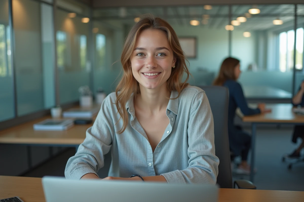 Jeune femme regardant un écran dans un espace de coworking lumineux
