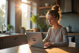 Femme assise à la cuisine avec un ordinateur portable et logo CAFC