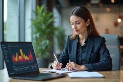 Femme d'affaires analysant un tableau de bord numérique