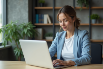 Femme en blazer bleu examine un tableau de bord marketing