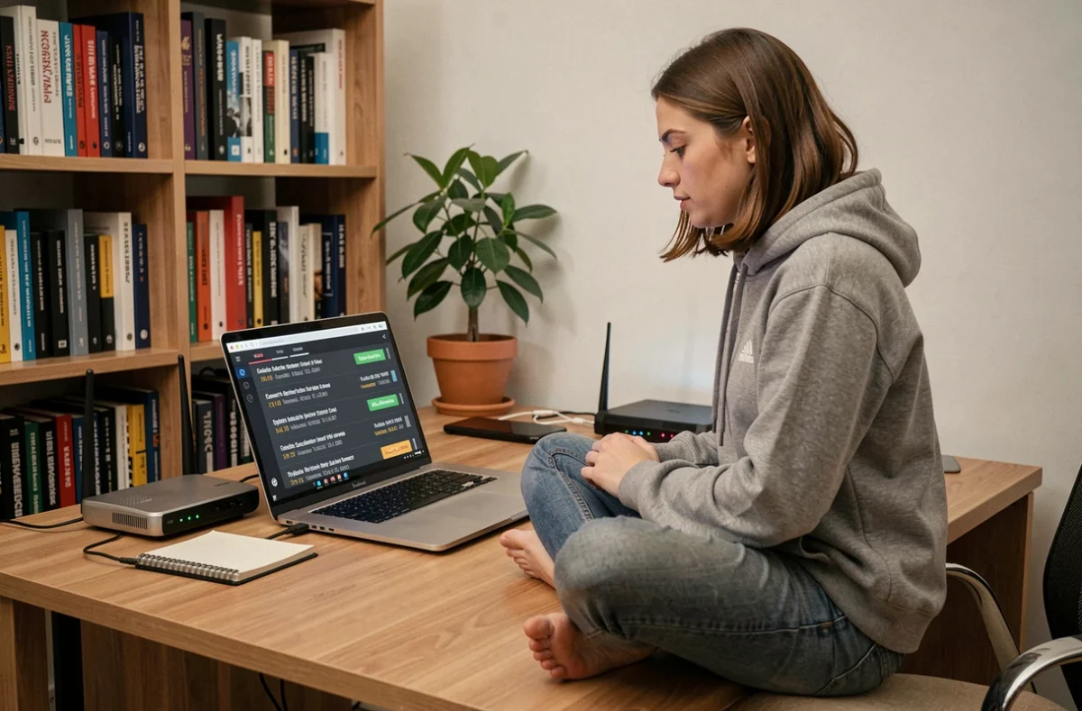 Jeune femme consultant une liste mise à jour de serveurs emul fiables sur un laptop dans un bureau à domicile