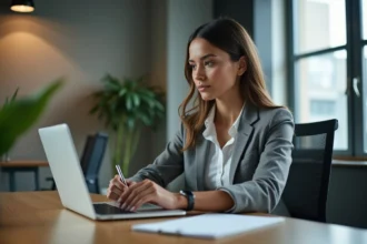Femme confiante analysant des données marketing digitales