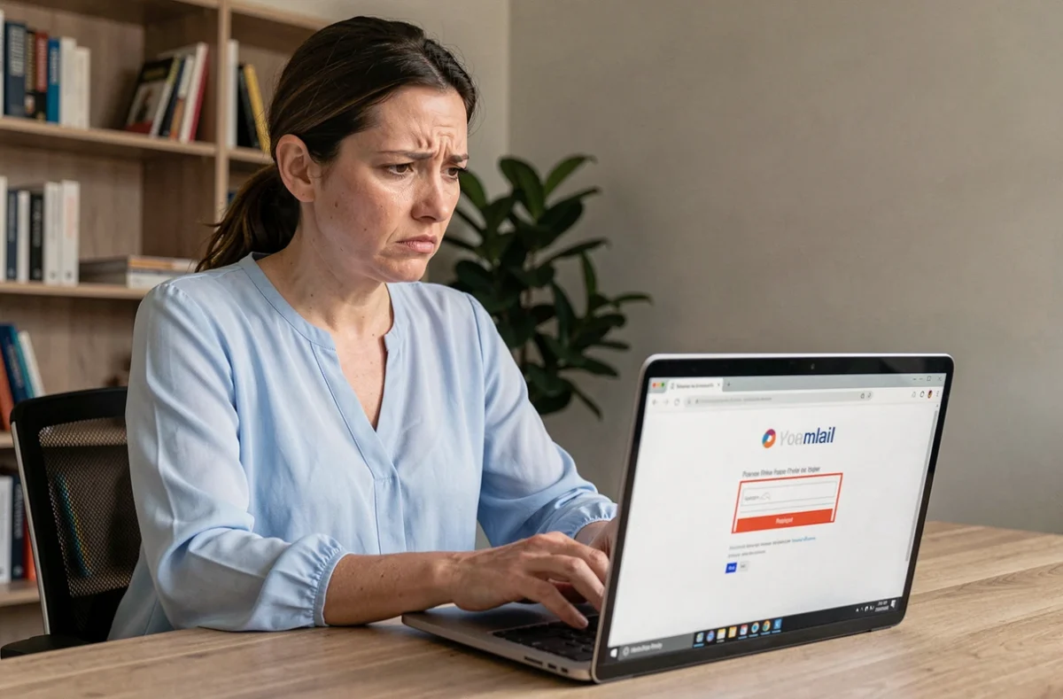 Femme frustrée devant un écran de connexion webmail avec un mot de passe incorrect affiché