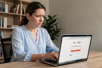 Femme frustrée devant un écran de connexion webmail avec un mot de passe incorrect affiché