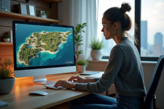 Jeune femme travaillant sur un ordinateur avec carte 3D de terrains