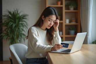 Jeune femme concentrée utilisant son ordinateur et sa carte bancaire