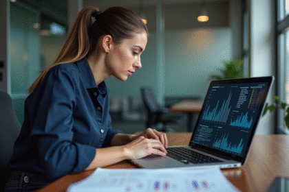 Jeune femme concentrée devant un ordinateur avec données cryptées
