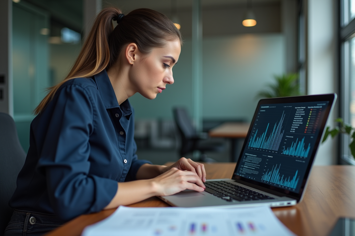 Jeune femme concentrée devant un ordinateur avec données cryptées