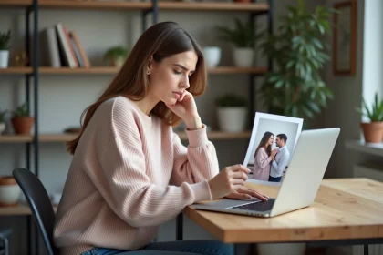 Femme en intérieur regardant une photo sur son ordinateur