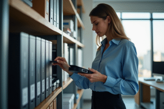 Femme professionnelle choisissant un disque dur externe dans un bureau moderne