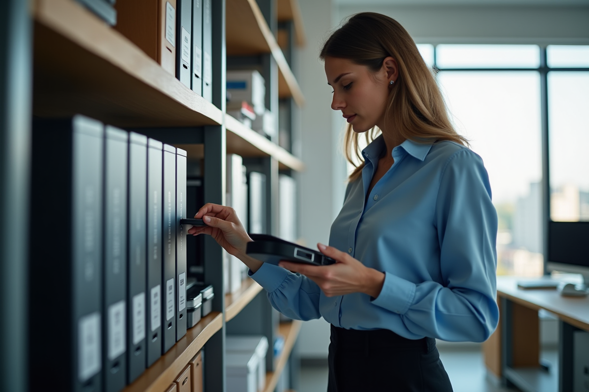 Femme professionnelle choisissant un disque dur externe dans un bureau moderne