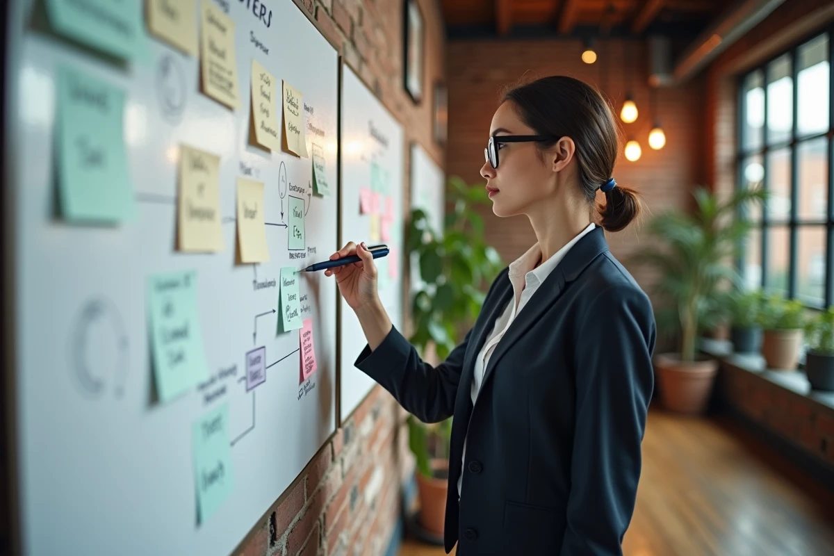 Femme mettant à jour un diagramme dans un espace créatif