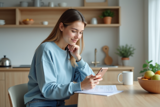 Jeune femme organisant son emploi du temps sur iPhone dans une cuisine lumineuse