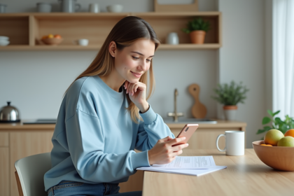 Jeune femme organisant son emploi du temps sur iPhone dans une cuisine lumineuse