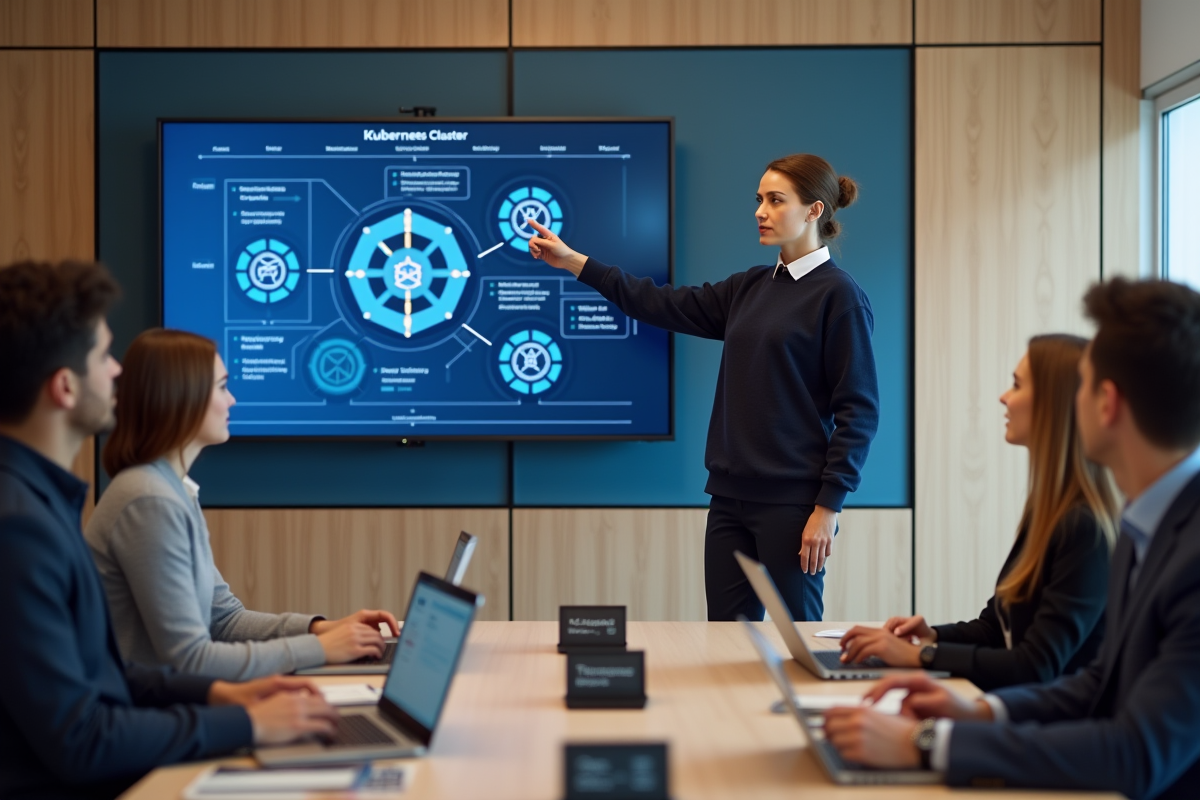 Femme expliquant un diagramme Kubernetes en réunion