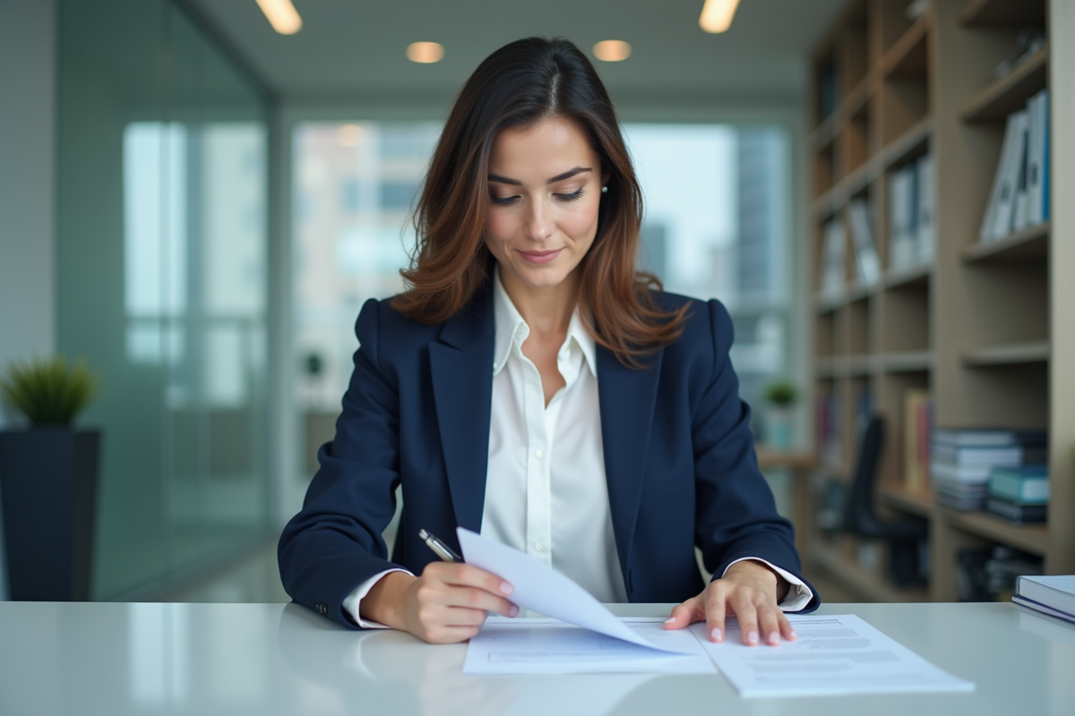 Femme professionnelle en réunion avec documents de certification