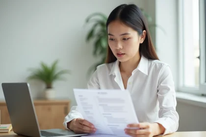 Femme professionnelle relisant un CV imprimé en format A4 sur un bureau minimaliste