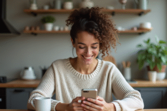 Femme souriante utilisant son smartphone dans une cuisine moderne