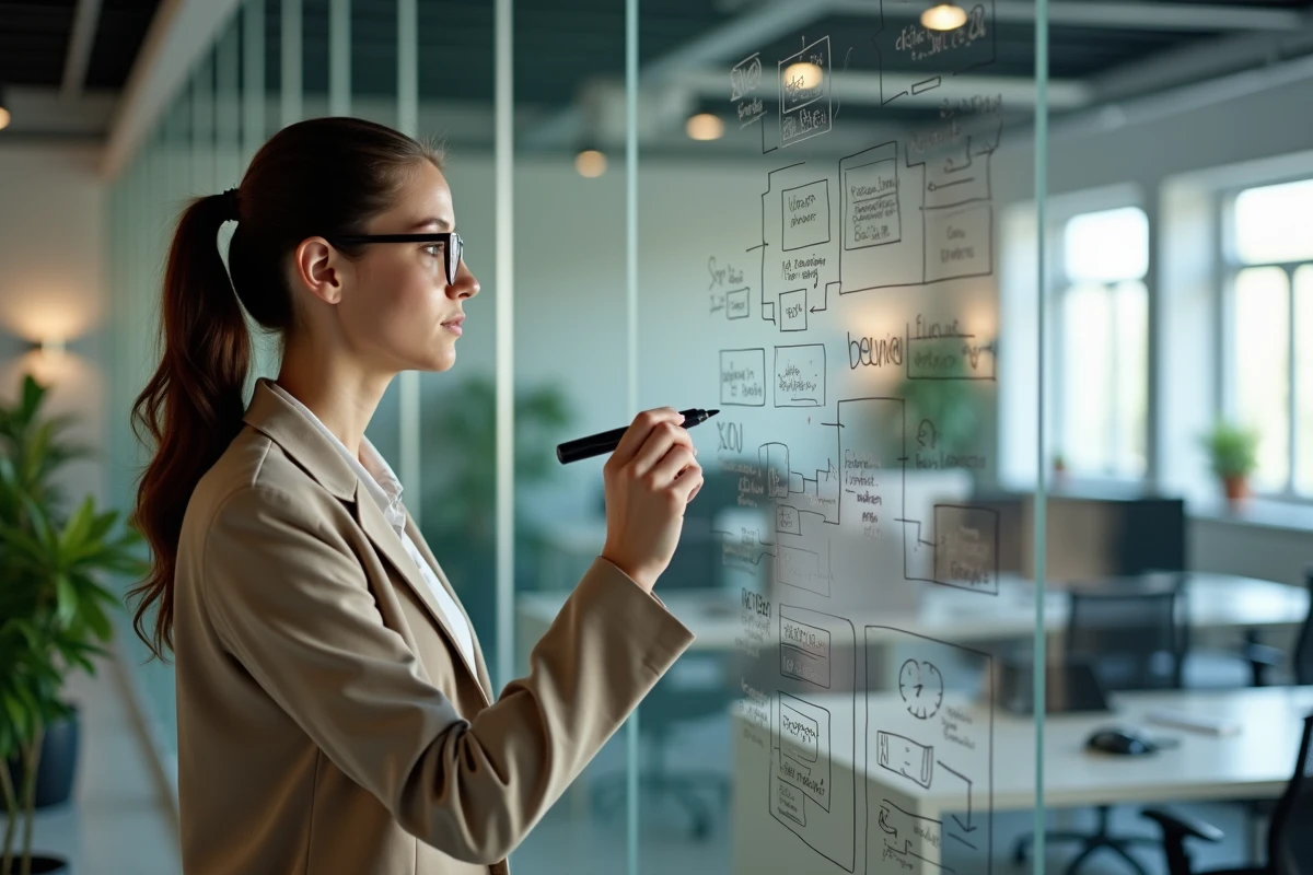 Jeune femme esquissant une carte mentale SEO sur une vitre