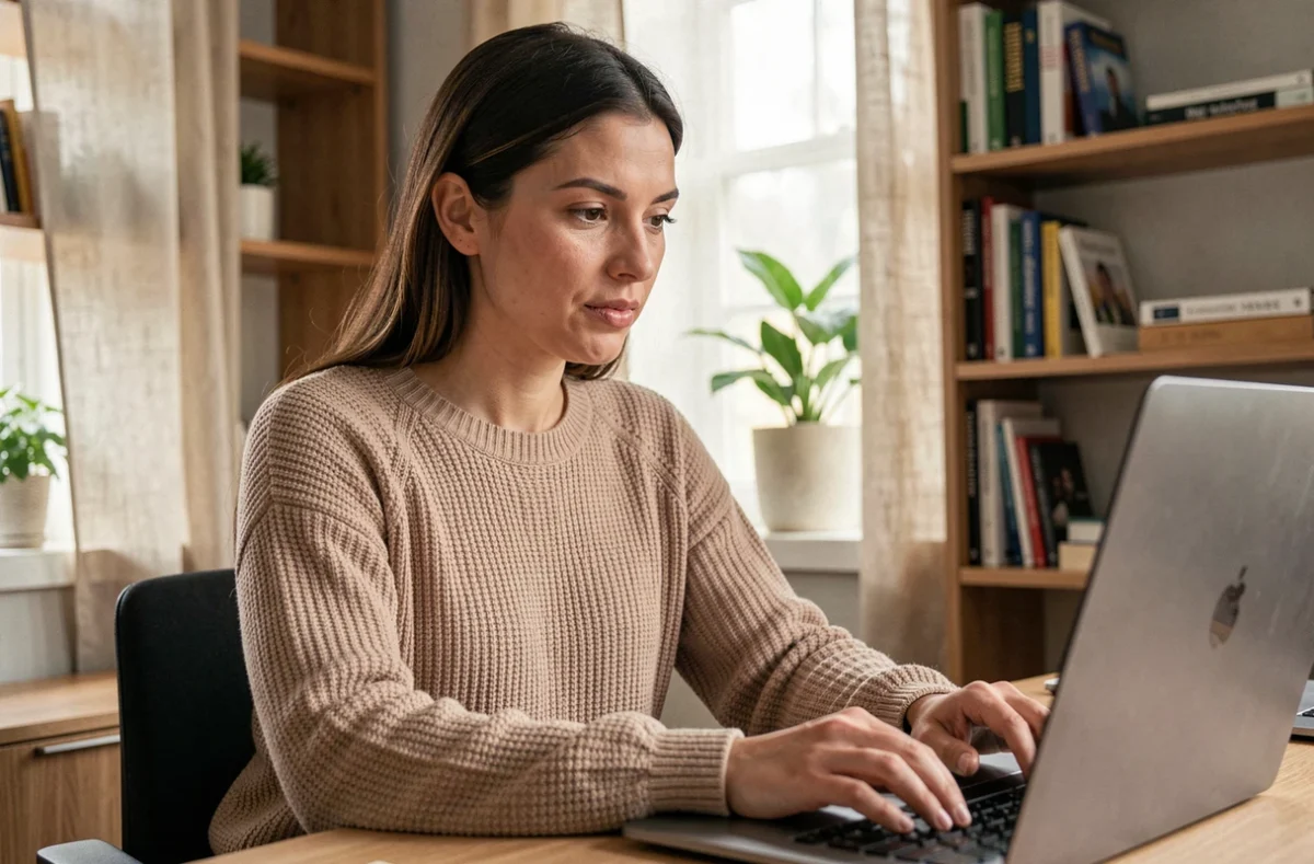 Femme en télétravail passant un test d'écriture sur son ordinateur portable depuis son bureau à domicile