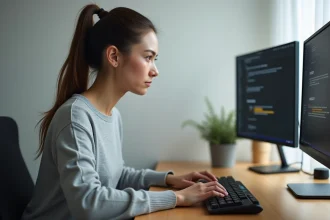 Femme concentrée effectuant un test de rapidité au clavier sur un bureau minimaliste avec score de WPM visible à l'écran