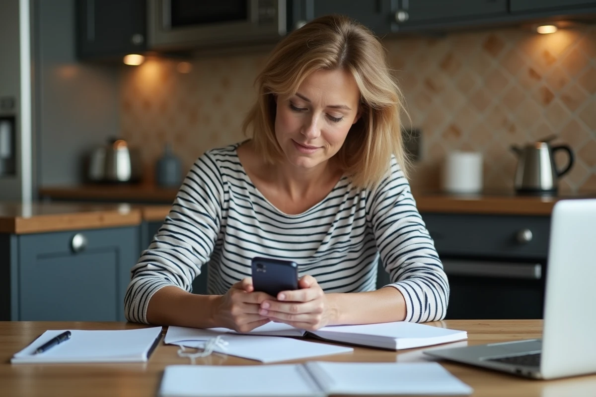 Femme concentrée sur son téléphone dans la cuisine moderne