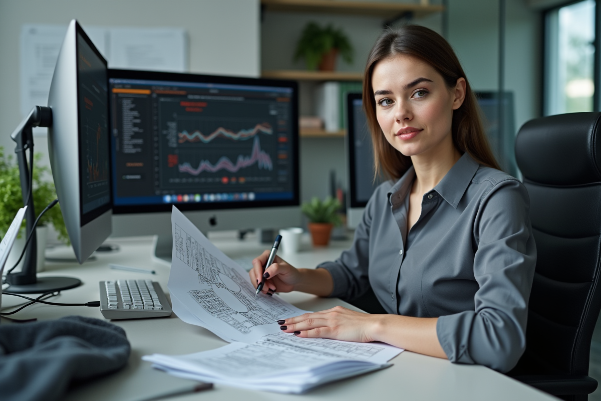 Jeune femme analysant des diagrammes dans un bureau moderne