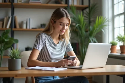 Jeune femme au bureau à domicile utilisant son smartphone