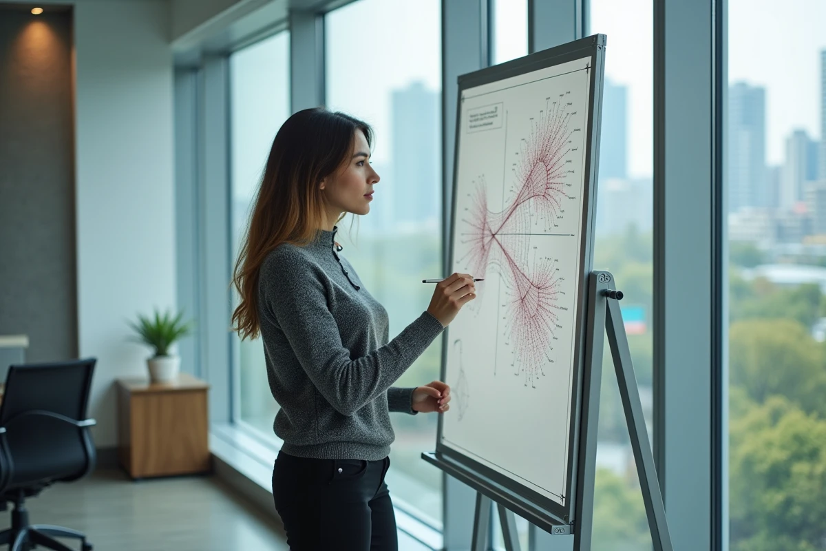 Femme en bureau moderne dessinant un diagramme sur whiteboard