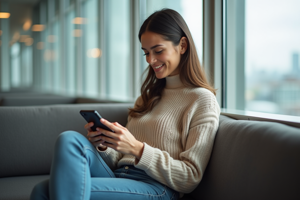 Femme souriante utilisant un smartphone dans un lounge moderne