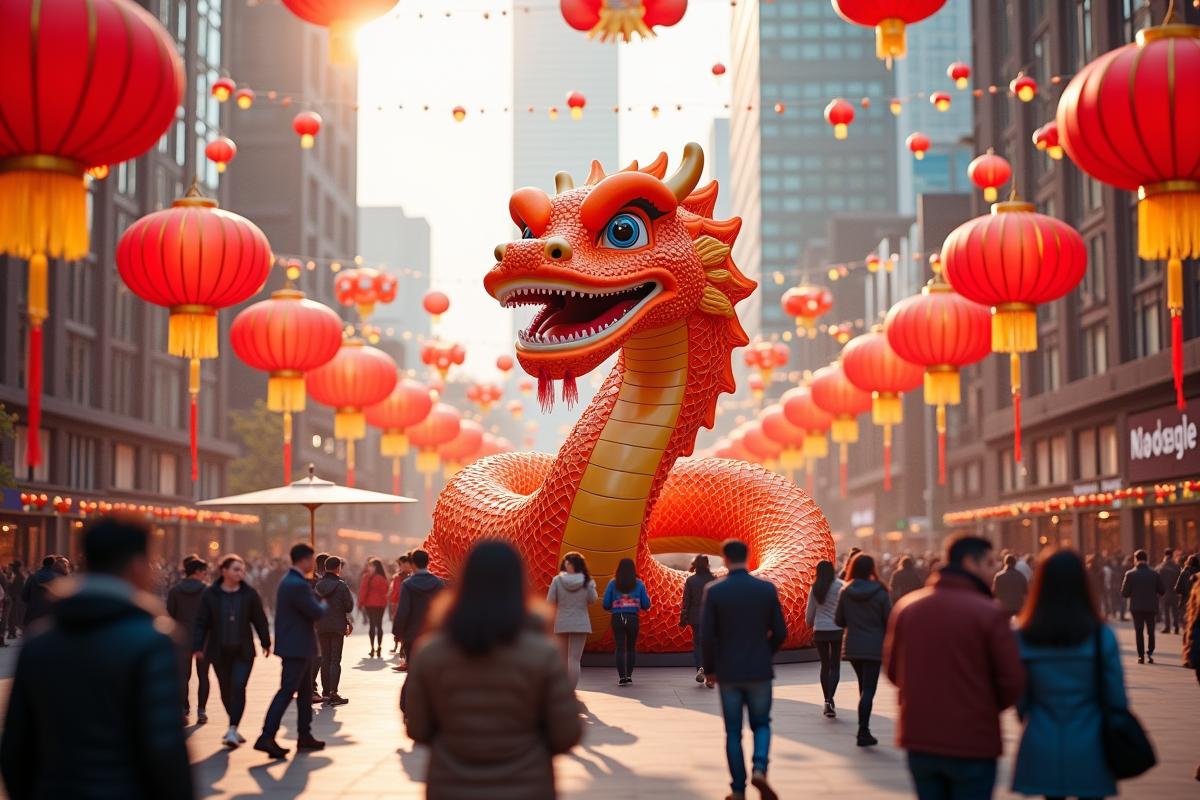 Fête du Nouvel An chinois avec sculpture de serpent colorée