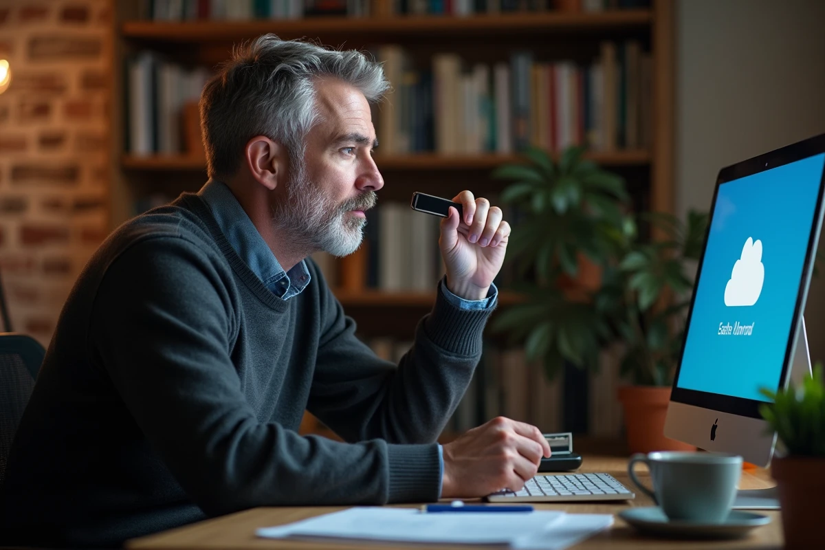 Homme réfléchissant à la fiabilité d'un service de transfert de fichiers depuis son bureau à domicile avec une clé USB