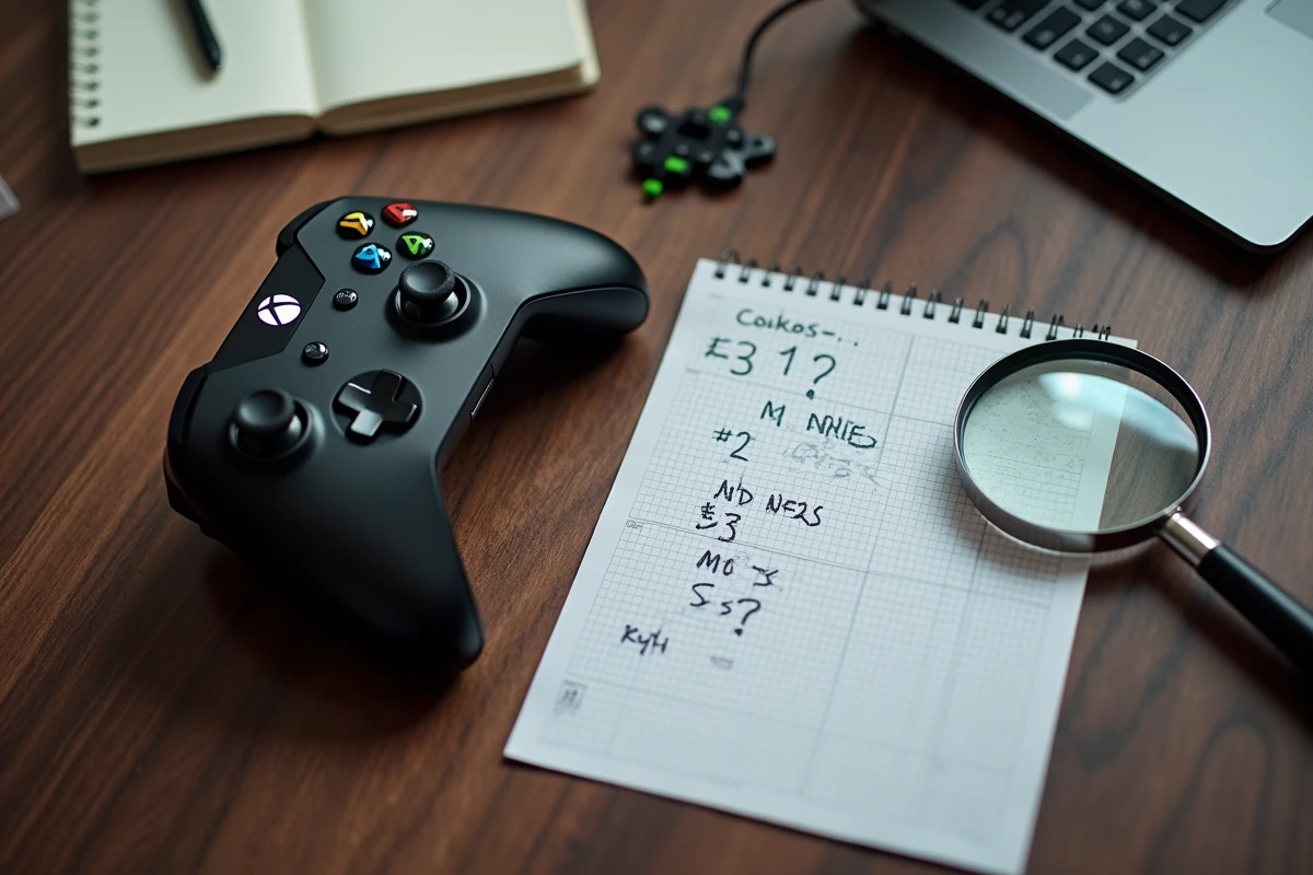 Flat lay éditorial avec manette Xbox, étiquette de prix et notes manuscrites sur les spécifications de la prochaine console