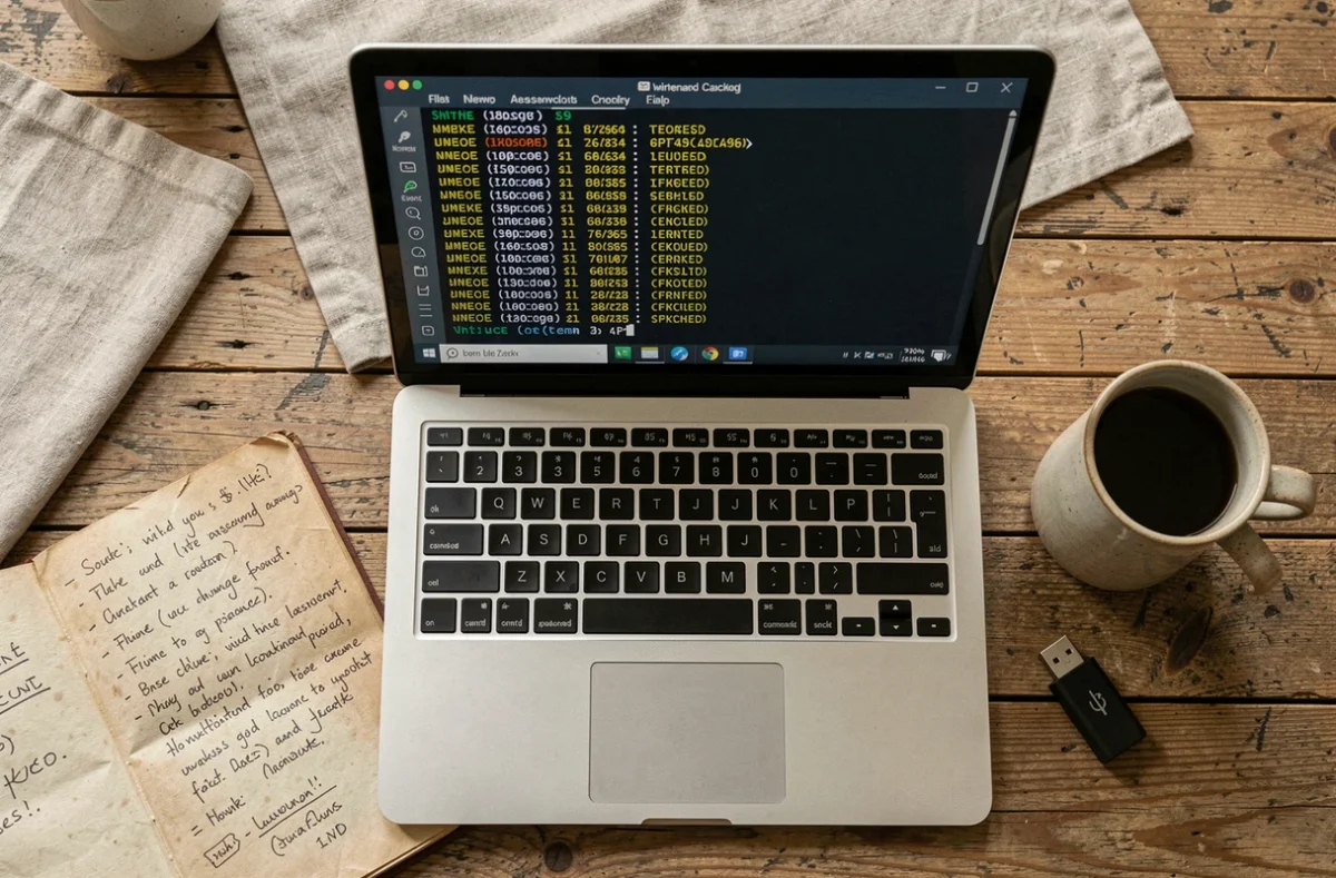 Vue de dessus d'un ordinateur portable affichant des hash SHA dans un terminal de cybersécurité avec carnet de notes