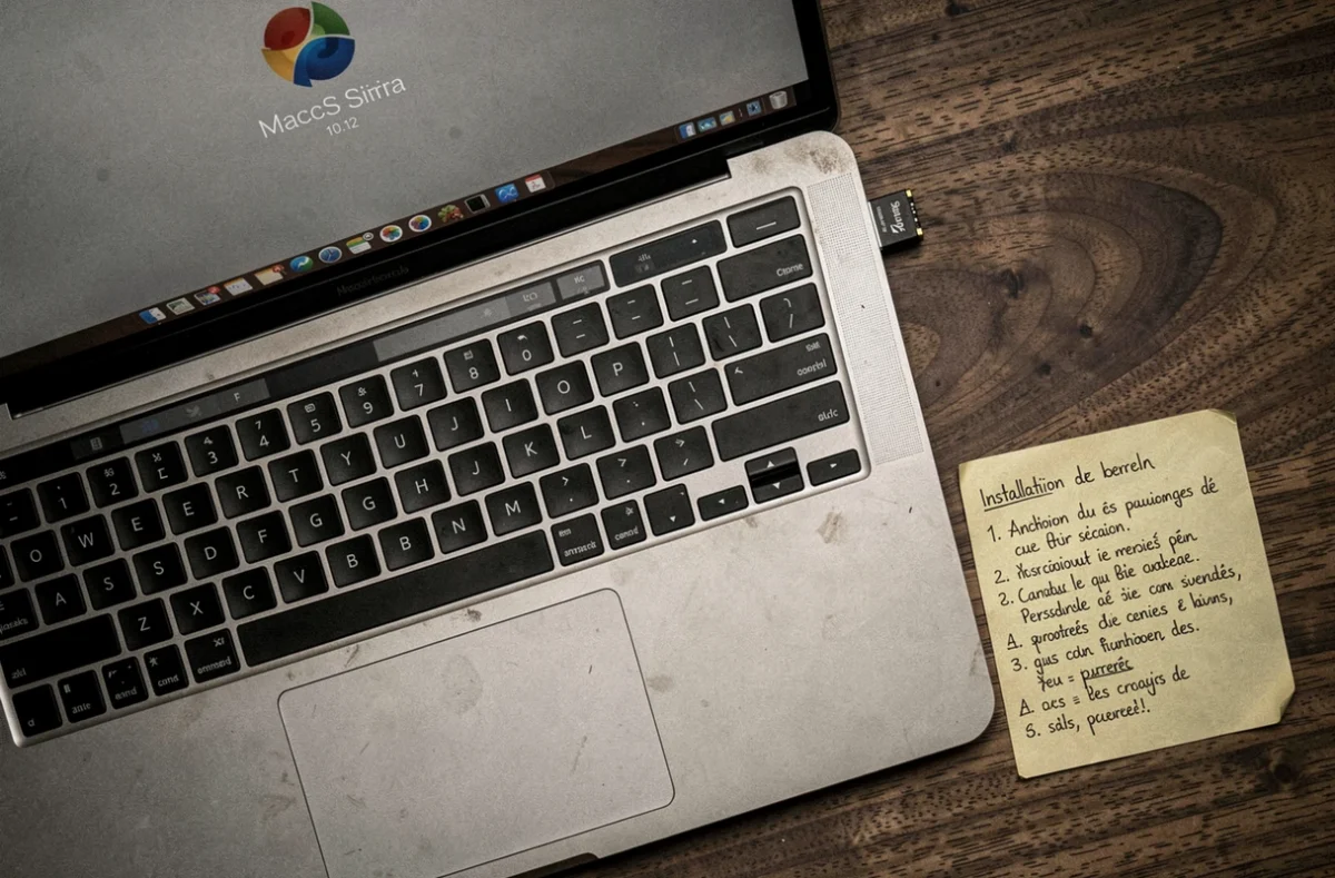 Vue en plongée d'un ancien MacBook affichant le logo macOS Sierra 10.12 avec une clé USB branchée