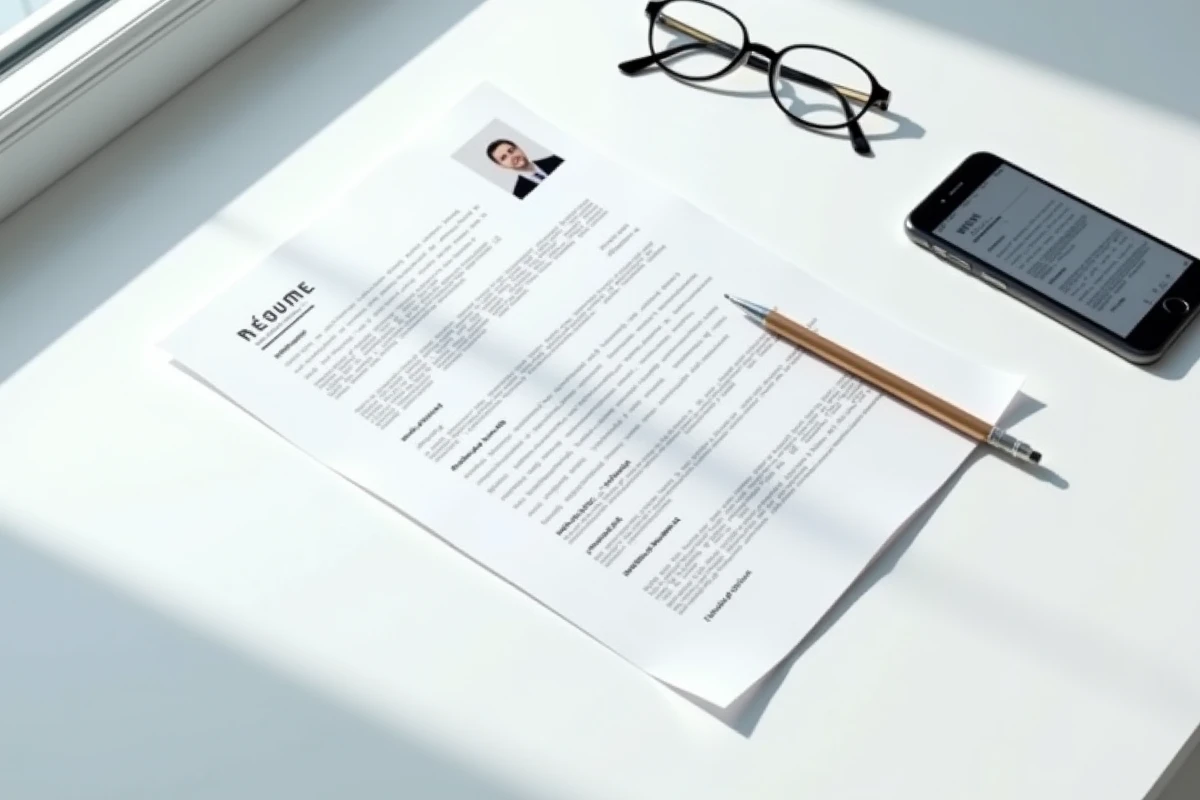Vue aérienne d'un CV format A4 imprimé posé sur un bureau blanc avec des accessoires de bureau