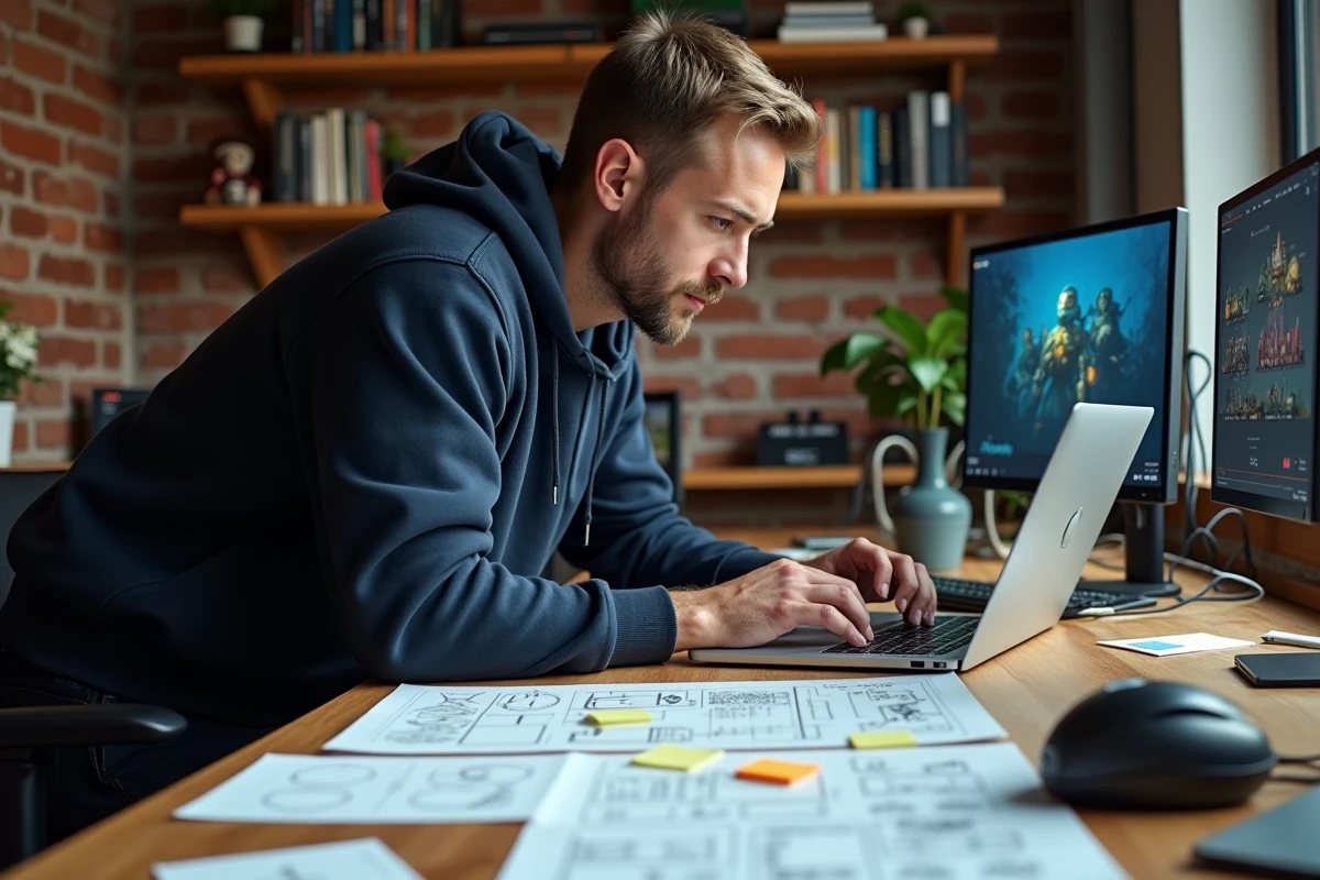 Game designer travaillant sur un Game Design Document avec des croquis et documents imprimés dans un studio de développement indie
