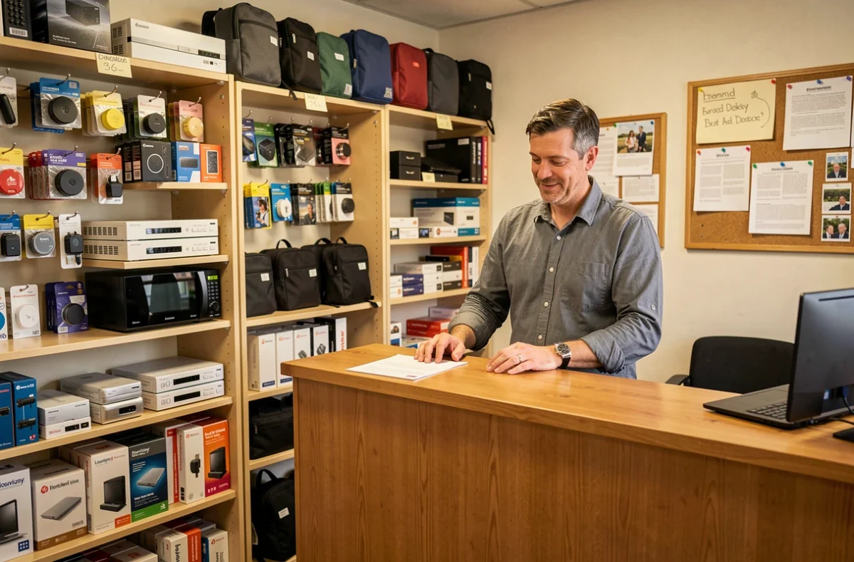Intérieur du magasin Génération Net à Louvigny avec le gérant derrière son comptoir entouré d'accessoires informatiques
