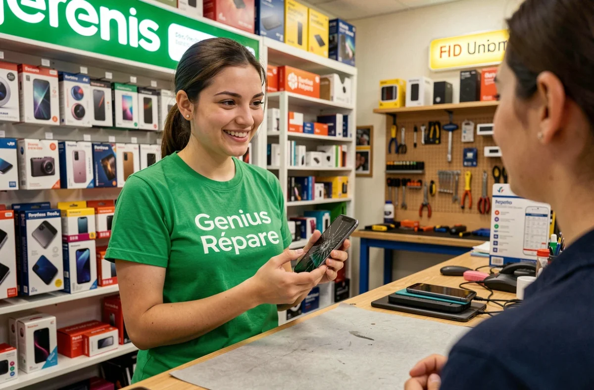 Technicienne Genius Répare accueillant un client dans la boutique de réparation de smartphones et ordinateurs