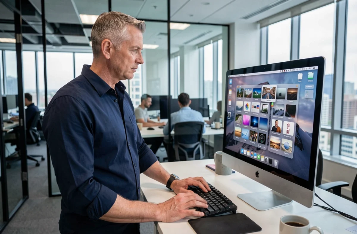 Homme professionnel utilisant Mission Control sur un iMac pour organiser ses espaces de travail et gérer efficacement les tâches sur Mac