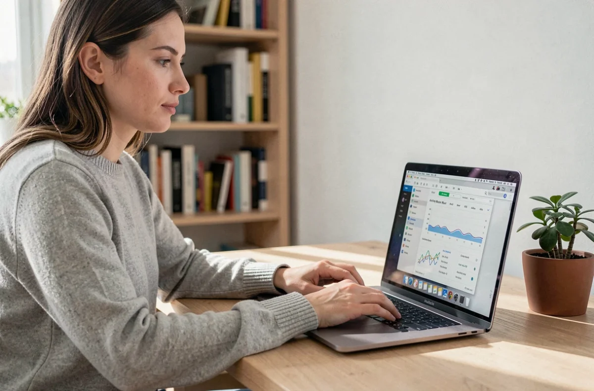 Femme utilisant le moniteur d'activité sur un MacBook Pro pour gérer les tâches et optimiser les performances de son Mac au quotidien