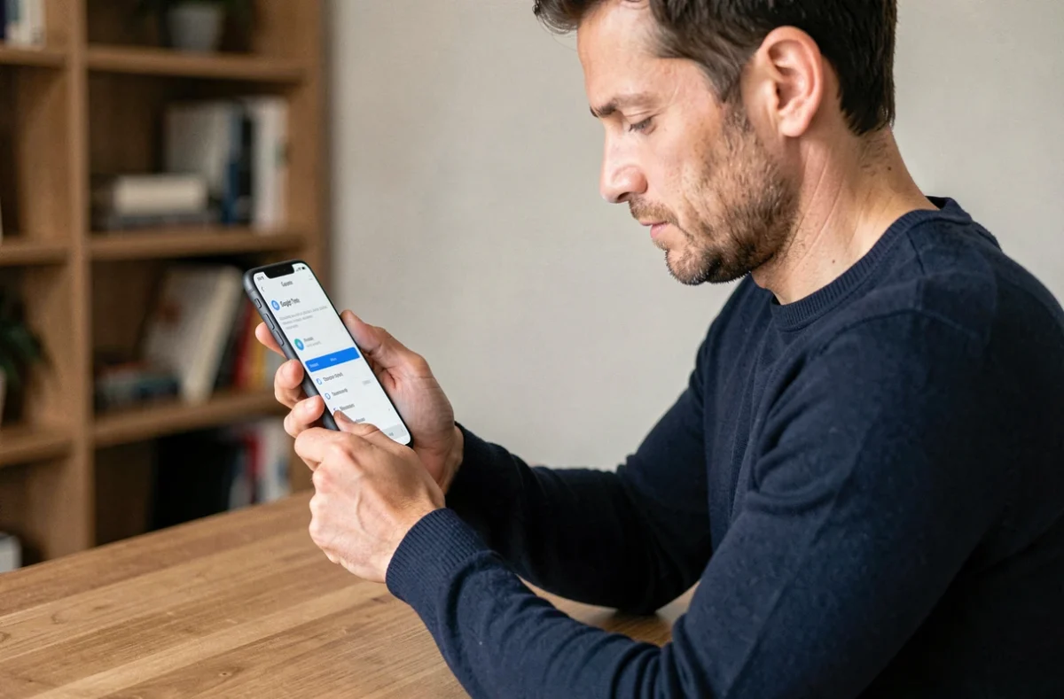 Homme tenant un Google Pixel 8 Pro affichant les paramètres de sécurité et de confidentialité