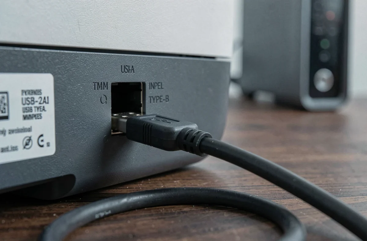 Gros plan sur la connexion d'un câble USB dans le port d'une imprimante HP