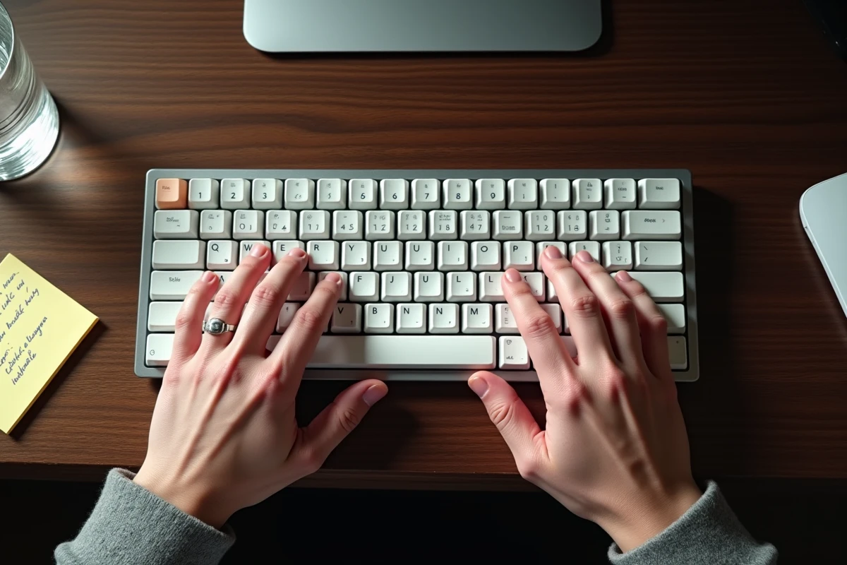 Gros plan de mains en train de taper sur un clavier mécanique lors d'un test de vitesse de frappe