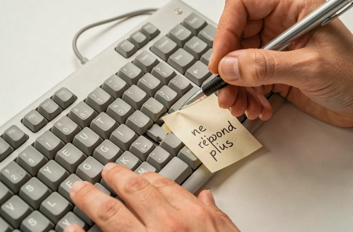 Gros plan sur une touche de clavier PC bloquée avec une note manuscrite indiquant qu'elle ne répond plus