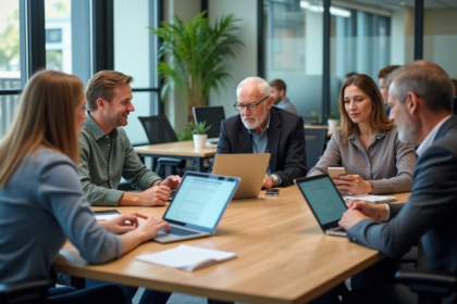 Groupe divers d adultes et seniors en coworking avec appareils numériques