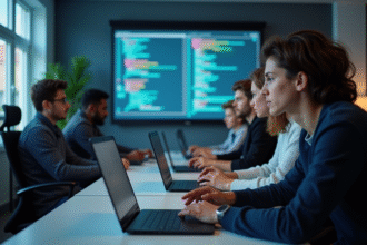 Jeunes adultes en classe moderne travaillant sur la cybersécurité