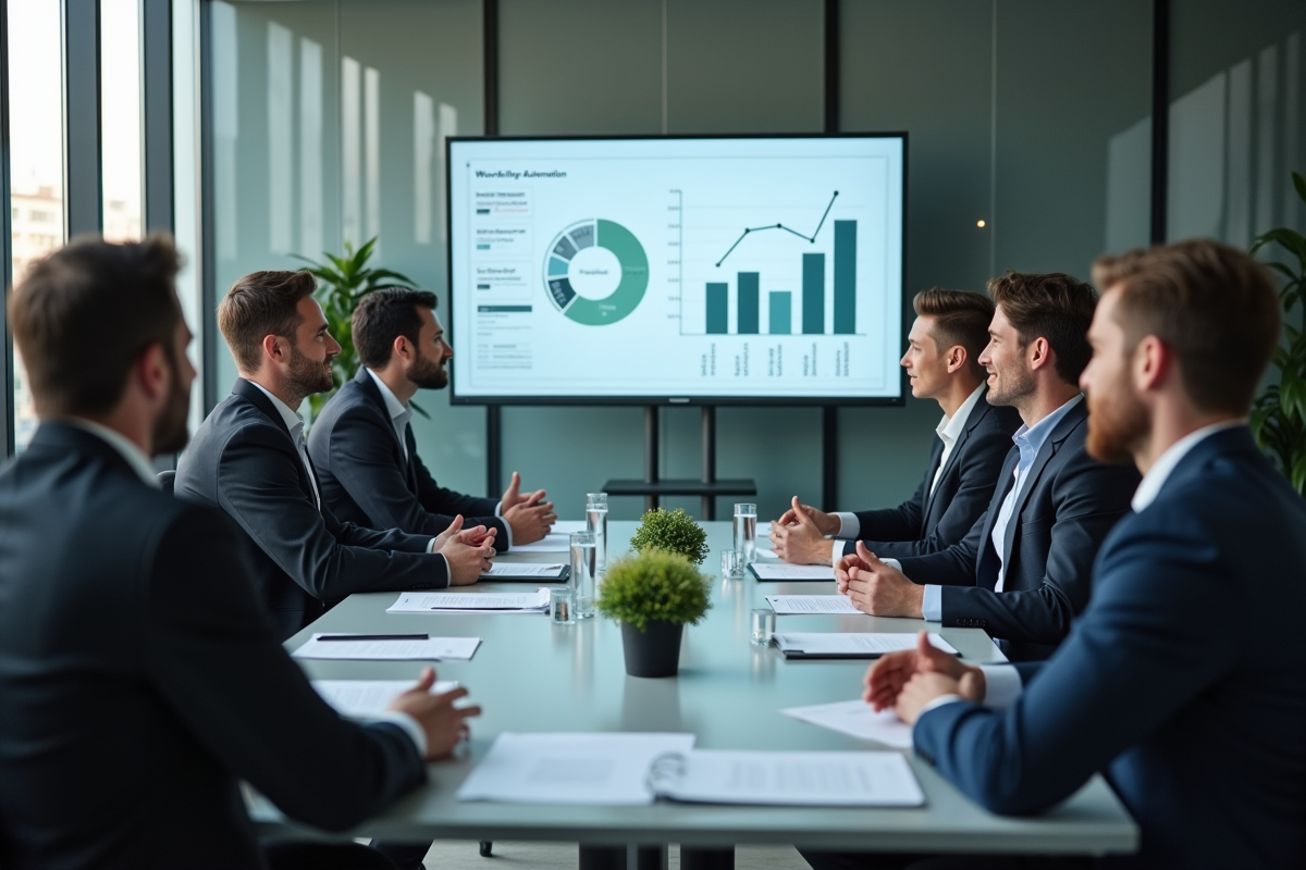 Groupe de professionnels autour d'une table avec écran digital