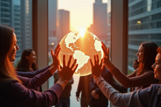Groupe divers uni autour d'un globe digital lumineux symbolisant l'unite et la technologie